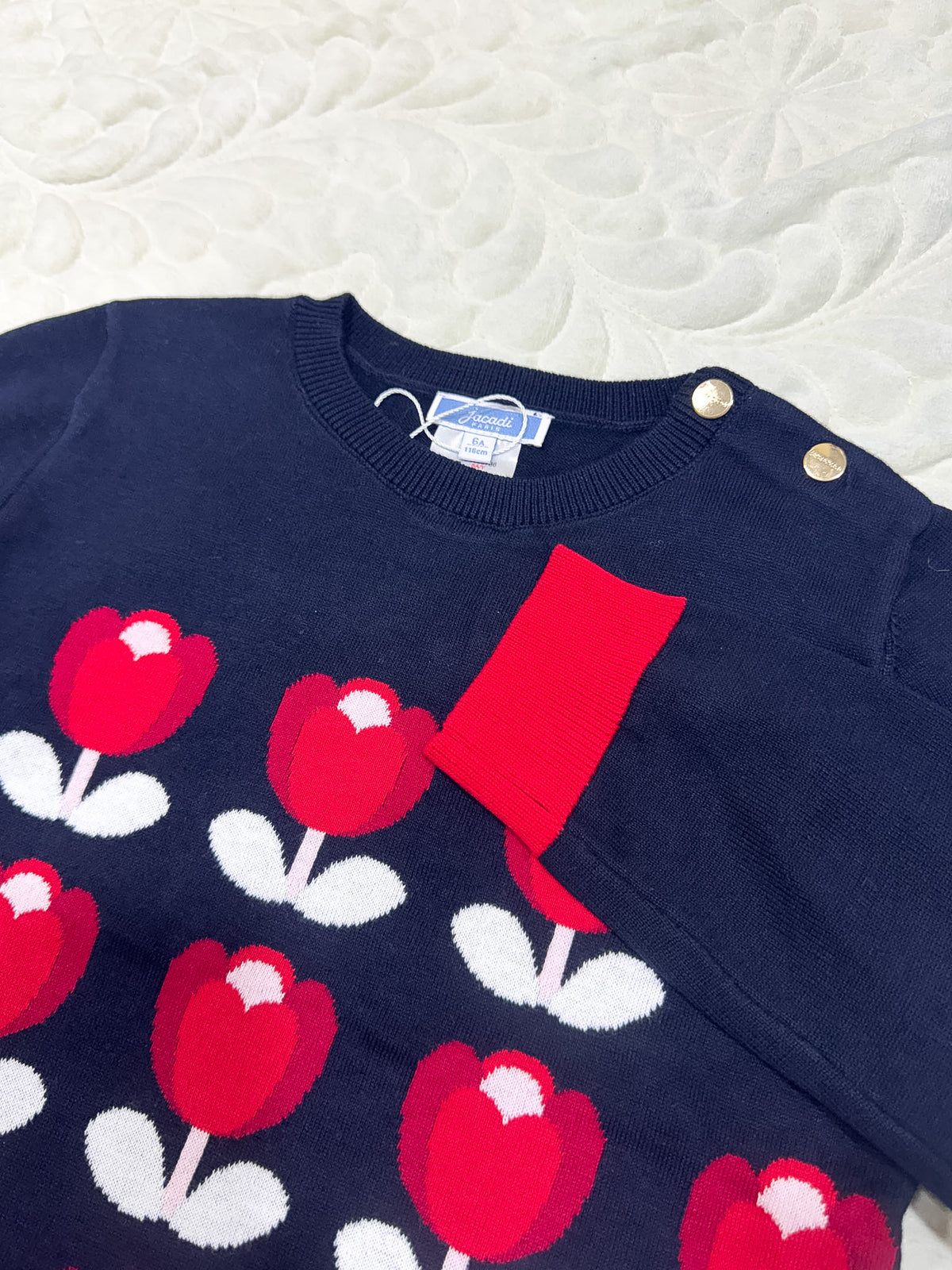 Pull en coton bleu marine à motif tulipes pour fille Jacadi
