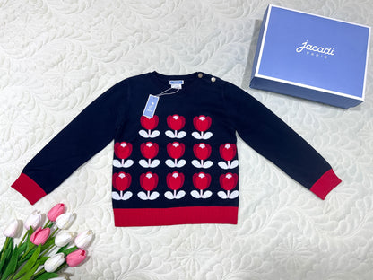Pull en coton bleu marine à motif tulipes pour fille Jacadi