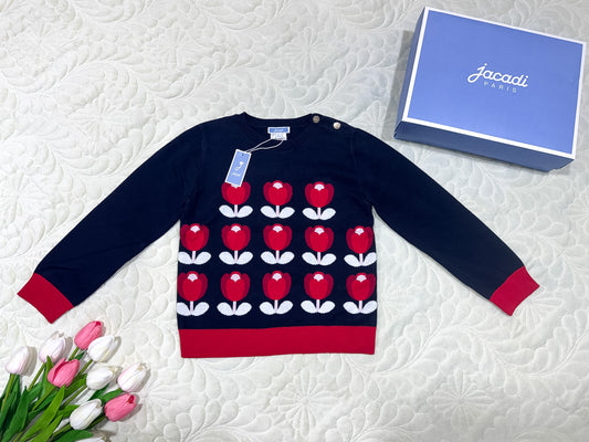 Pull en coton bleu marine à motif tulipes pour fille Jacadi