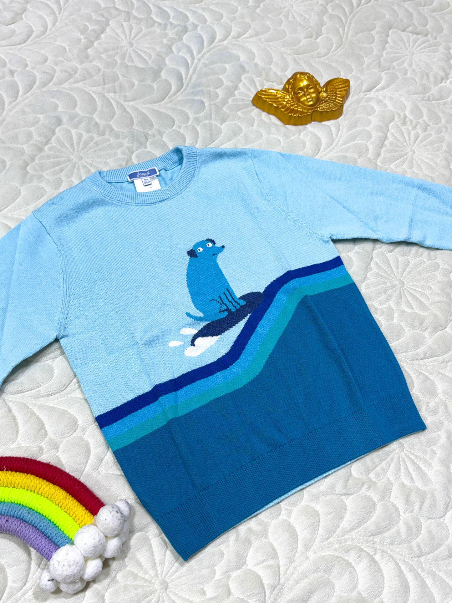 Jacadi Pull en coton pour garçons bleu clair motif chien de surf