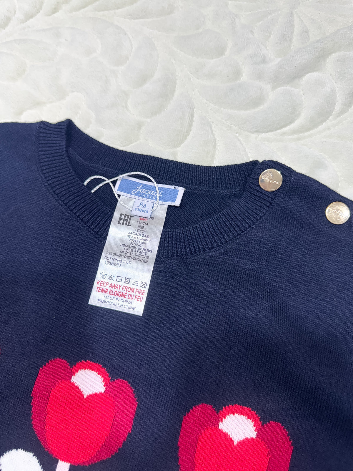 Pull en coton bleu marine à motif tulipes pour fille Jacadi