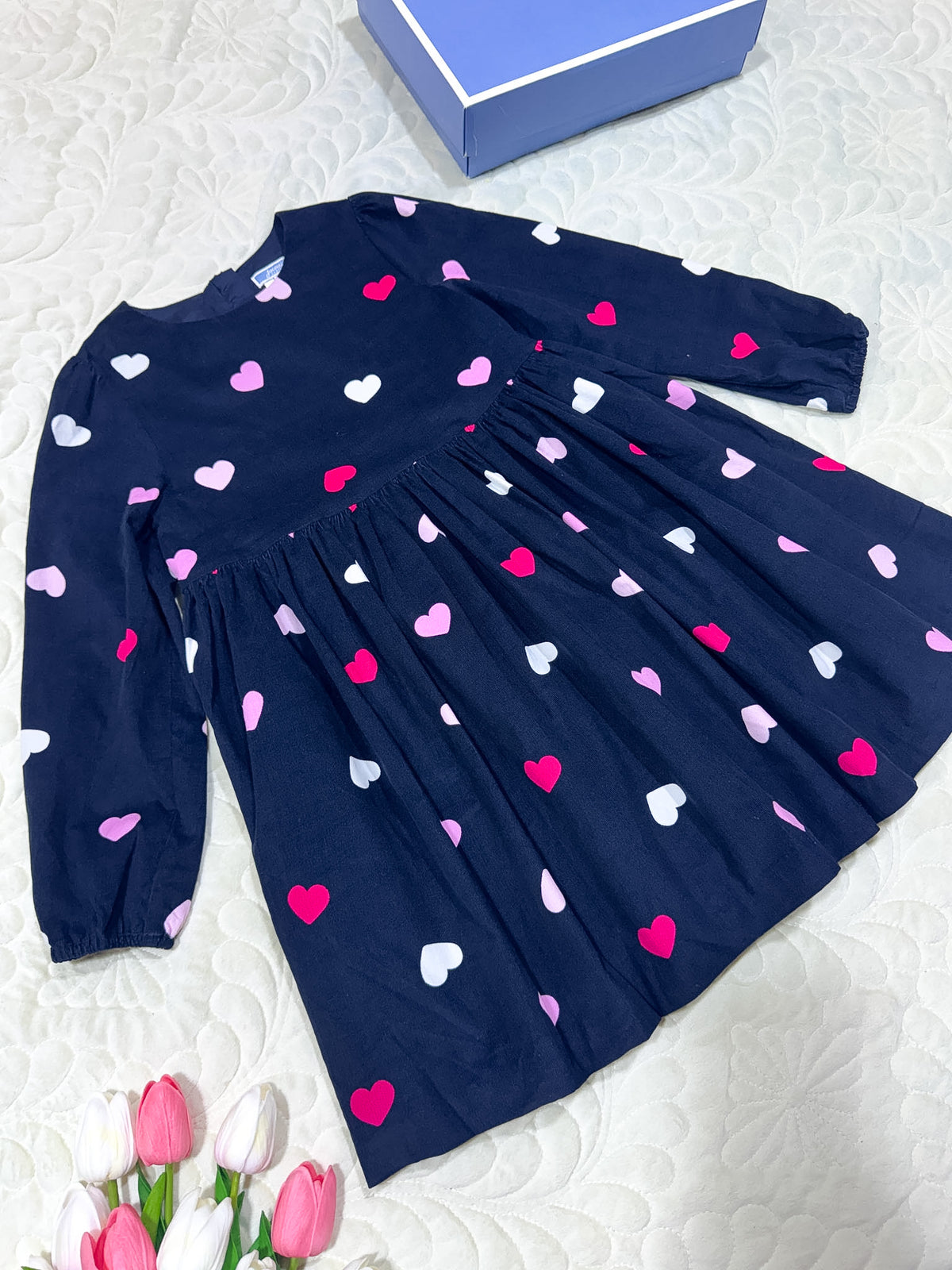 Robe Jacadi pour fille en velours côtelé bleu marine à motif cœurs