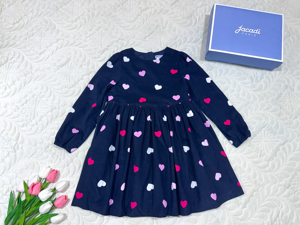 Robe Jacadi pour fille en velours côtelé bleu marine à motif cœurs