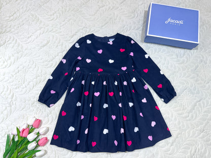 Robe Jacadi pour fille en velours côtelé bleu marine à motif cœurs