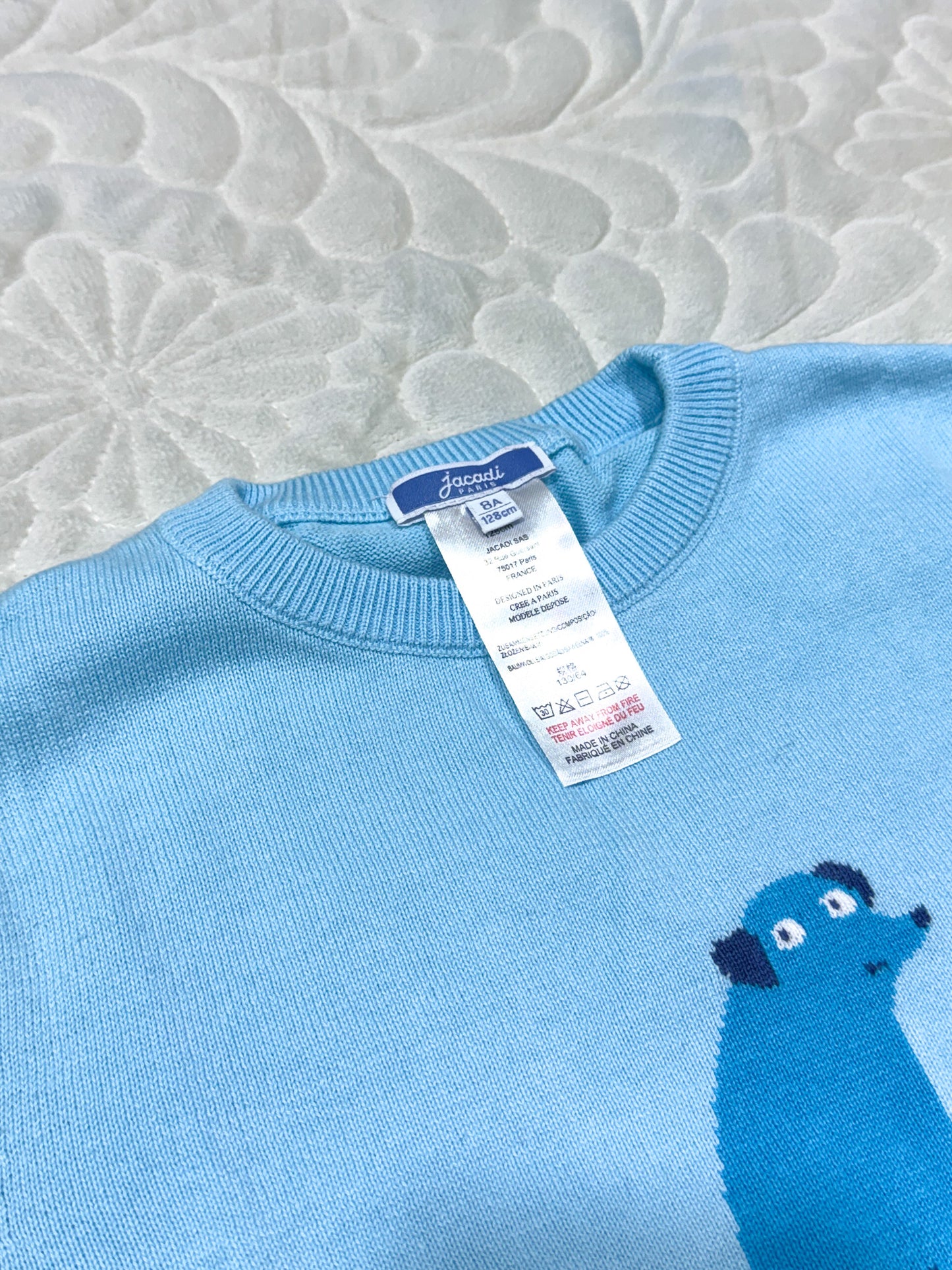 Jacadi Pull en coton pour garçons bleu clair motif chien de surf