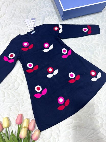 Jacadi Marine Gebreide Jurk met Bloemenprint